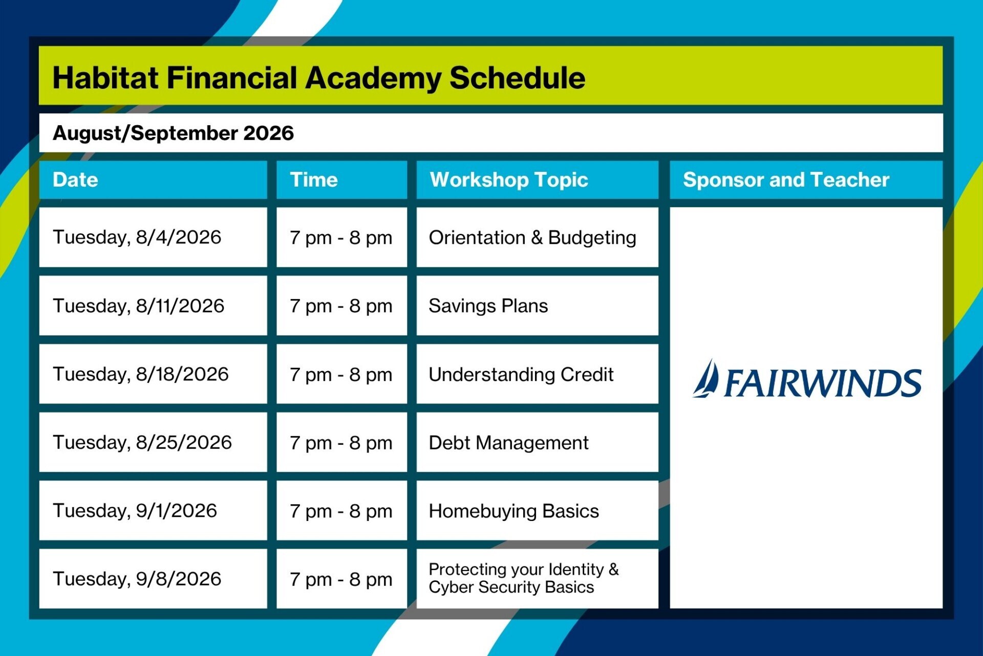 Fairwinds Credit Union 2026 Financial Academy Schedule for Website